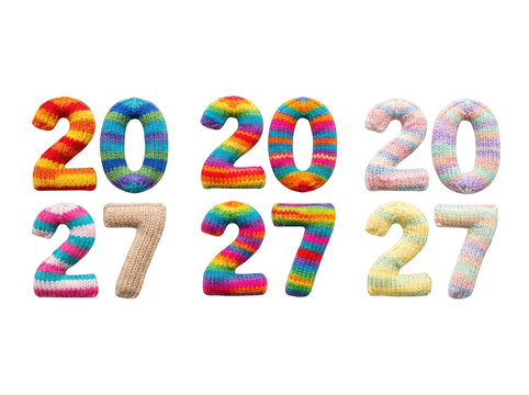Set of knitted numbers 20 and 27 in various colorful striped patterns isolated on transparent background