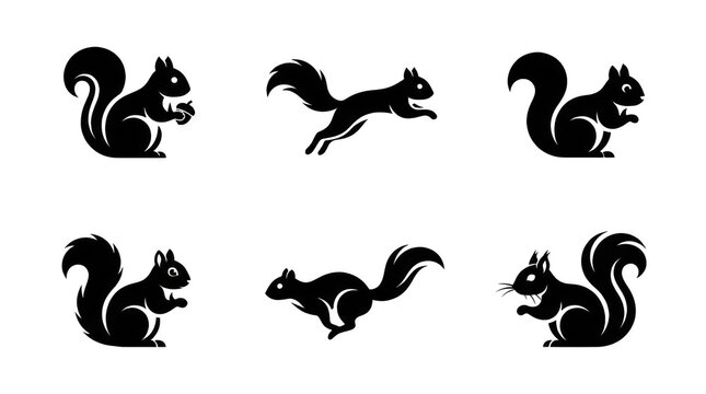 Set of black squirrel silhouettes in various poses, including sitting, running, and jumping, vector icons for nature and wildlife design elements isolated on transparent background