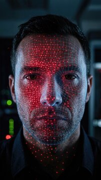 Biometric and cybersecurity scanning of a male face, demonstrating digital facial recognition, projecting red laser point grid, identity verification, modern safety technology.