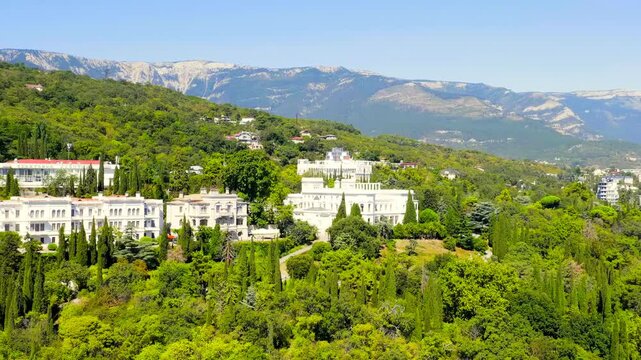 Livadia, Crimea. Livadia Palace - located on the shores of the Black Sea in the village of Livadia in the Yalta region of Crimea. Drone footage