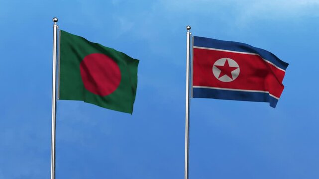 Bangladesh and North Korea Waving Flags, 3D Illustration