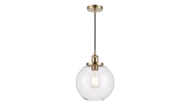Modern brass pendant light with clear glass globe shade, elegant hanging ceiling lamp for interior design, contemporary gold metal light fixture isolated PNG with Transparent Background