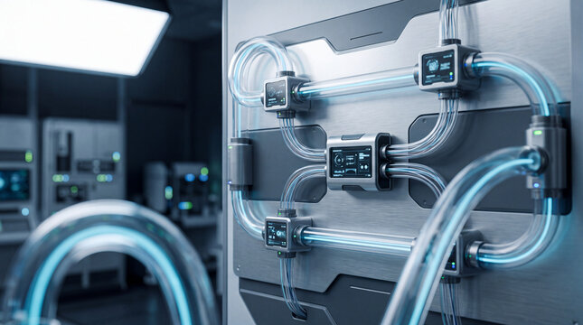 Futuristic laboratory automation system with glowing fluid tubes, digital sensors and metallic control panels for biotech research in sterile high tech facility