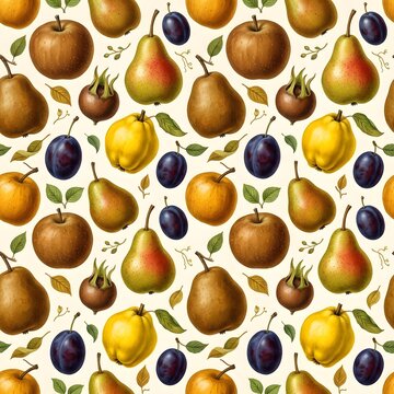 Fresh fruit mix pattern featuring ripe pears apples and plums with botanical autumn harvest vibe.