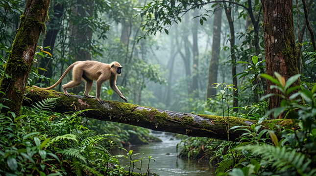 Wild monkey walking across a mossy fallen tree over a forest stream in lush tropical rainforest with ferns, mist, and dense green foliage habitat