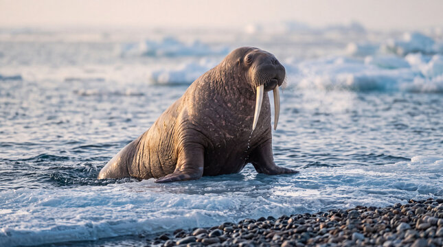 Large walrus with long tusks resting on icy Arctic shoreline as waves wash over pebbles in cold polar wildlife habitat at sunrise amid sea ice and soft morning light