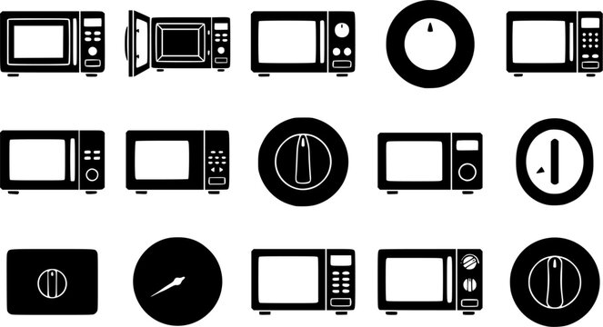 Microwave & Timer Dial Silhouette Icon Set. Collection of food & culinary silhouettes, including microwave & timer dial, detailed kitchen appliance shapes, and more.