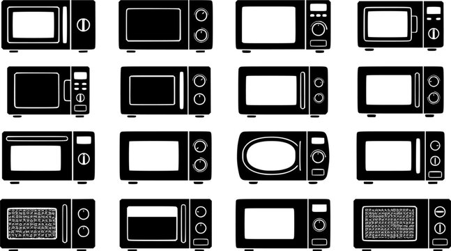 Microwave & Timer Dial Silhouette Icon Set. Collection of food & culinary silhouettes, including microwave & timer dial, detailed kitchen appliance shapes, and more.