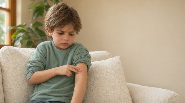Child sitting on beige couch scratching itchy red bug bite on arm, unhappy kid suffering skin irritation and allergy reaction indoors at home, healthcare concept.