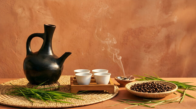 Traditional Ethiopian coffee ceremony setup with a black clay jebena pot, white cups, smoke, and roasted coffee beans