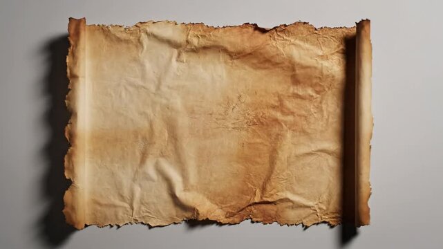 Unfolding ancient parchment scroll with burnt edges showing aged paper texture and detailed creases against a grey background