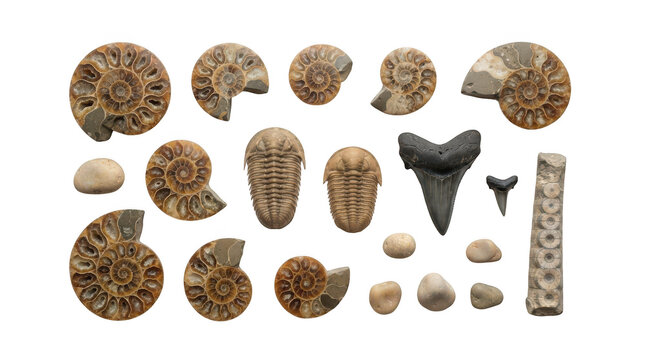 Collection of various ancient fossils including ammonites, trilobites, shark teeth, and crinoid stems isolated on transparent background
