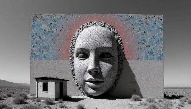 Surreal Desert Architecture with Cracked Stone Mask Facade