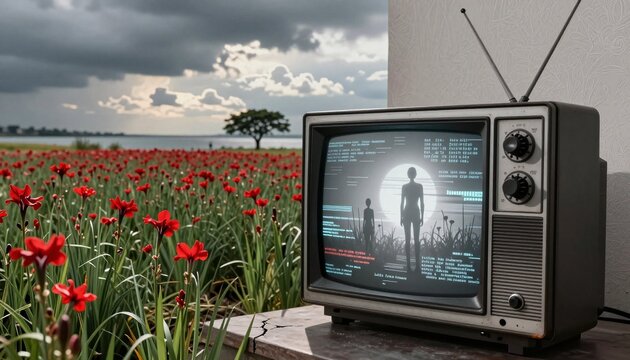 Vintage Television Displaying Digital Silhouettes Amidst Red Flowers