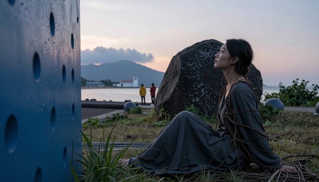 Serene Dusk Scene with Woman by Waterfront and Perforated Structure