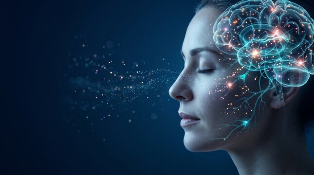 Mulher em estado de profunda conex&atilde;o entre mente e corpo com c&eacute;rebro neural luminoso, energia sensorial, feminilidade, sensualidade e emo&ccedil;&otilde;es