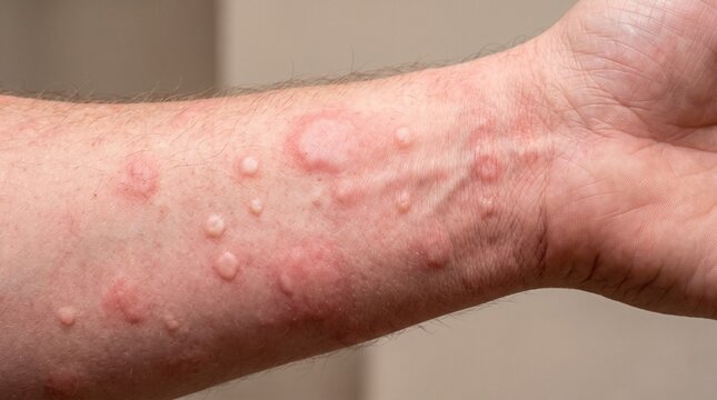 Erup&ccedil;&atilde;o cut&acirc;nea com m&uacute;ltiplas les&otilde;es, bolhas e &aacute;reas avermelhadas no antebra&ccedil;o humano, conceito de dermatologia, alergia e doen&ccedil;a de pele