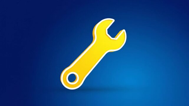 Bright yellow open-end wrench tool 3D render isolated on blue background animation