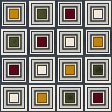 Geometric square pattern featuring layered multi-colored boxes on dark navy blue background design.