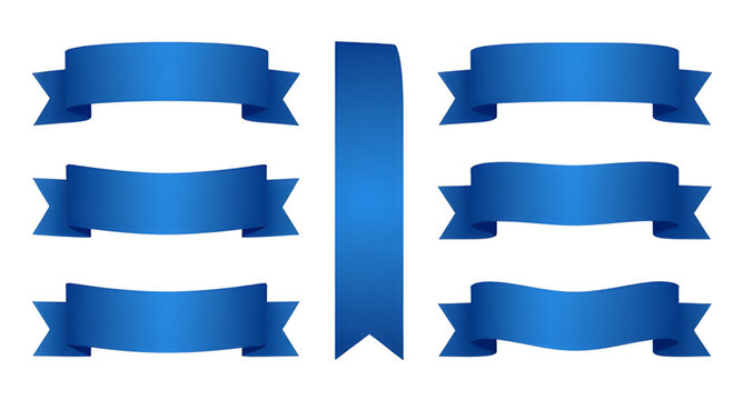 Blue Ribbon Banner Set Vector Illustration Blank Curved Tag Tape Scroll Collection Isolated Graphic
