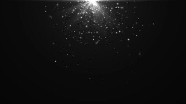 Glitter sparkle stars, white twinkling star dust, magical light rays, glowing fairy particles, sparkling star burst, black background, fantasy shimmer effect, 4k video