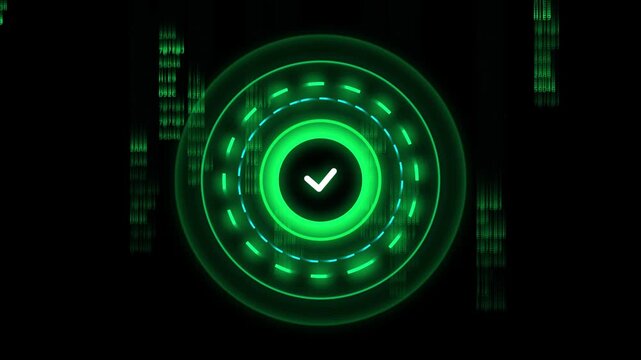 Futuristic digital interface displaying a green glowing circular hud element with a white checkmark indicating success or completion against a backdrop of falling green binary code