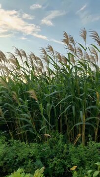 Elegant vertical-format 4K botanical video featuring slender Phragmites australis common reed plants swaying gracefully in the wind against a pale morning sky creating an abstract and peaceful
