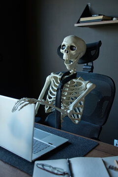 Skeleton wearing black tie sitting at office desk with one hand resting on laptop