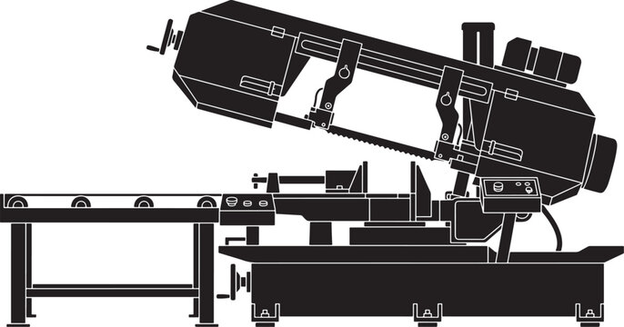 Black silhouette of a horizontal metal band saw machine with a roller feed table, isolated on a white background, also transparent background