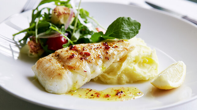 Delicious cod fillet with creamy mashed potatoes and a vibrant side salad, creating a balanced and healthy gourmet meal