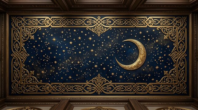 Gold crescent moon and star field ornament framed by intricate baroque gilding on blue velvet.
