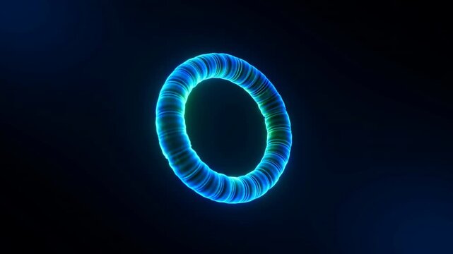 Glowing cyan and blue torus steadily enlarges in frame, revealing ribbed circular bands, green highlights, bright edge light, and centered depth against dark navy background