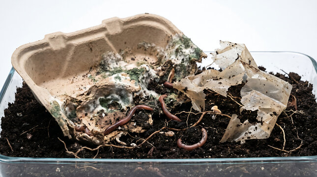 Biodegradable molded fiber food container decomposing in soil with earthworms and organic waste