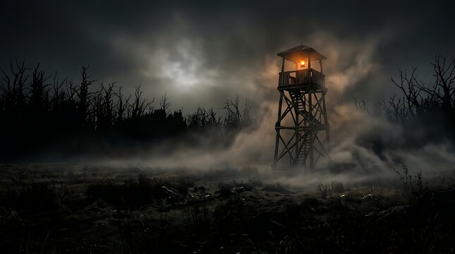 Wooden observation watchtower stands lonely amidst a dark mysterious forest surrounded by thick swirling fog under an eerie cloudy night sky with warm glowing lantern light