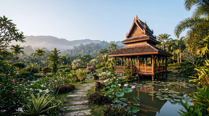 Fototapeta premium Traditional wooden Thai pavilion over lotus pond in lush tropical garden with palm trees, stone path, misty hills and serene morning light reflections