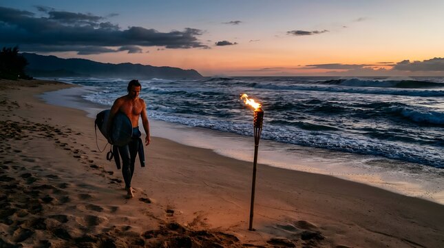Surfer walking on beach at sunset carrying surfboard past burning torch