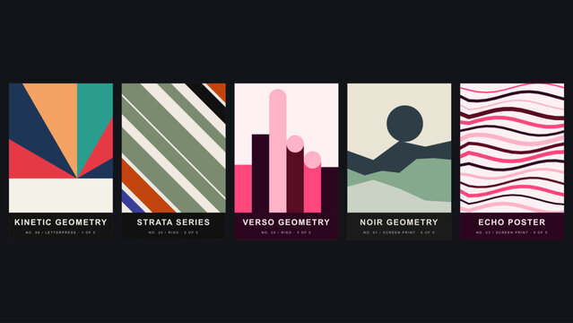 Kinetic geometry, strata series, verso geometry, noir geometry, echo poster, five abstract geometric prints in a row