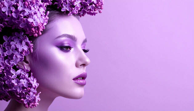 Beautiful woman with lilac flowers fashion beauty portrait purple background with copy space.