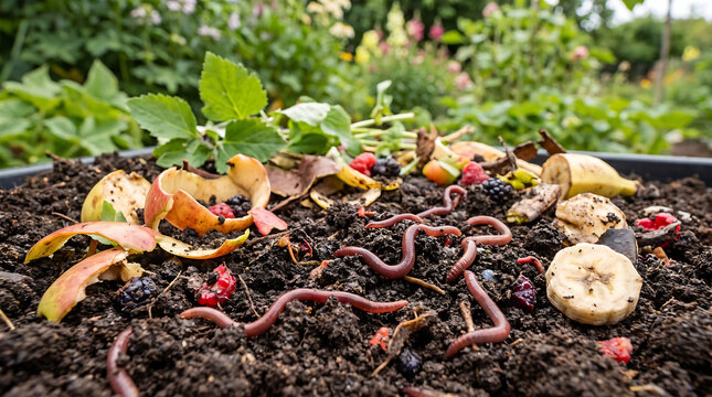 Earthworms crawling through organic food waste in a backyard compost bin with natural garden background