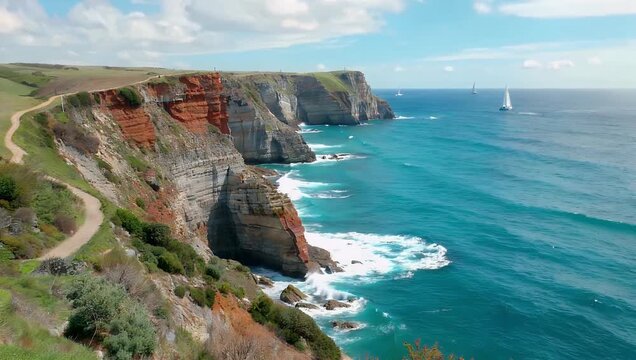 Stunning 4K coastal video revealing the famous multicolored sand cliffs of Alum Bay on the Isle of Wight England showcasing historic Victorian resort views and unique geological coastal formations