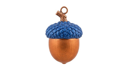 Decorative metallic acorn ornament with a blue textured cap isolated on a white background © Varvara