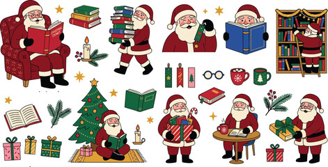 Fototapeta premium Santa claus christmas book club collection with reading sitting stacking and organizing books graphic elements books stack reading chair christmas tree holiday collection vector set christmas