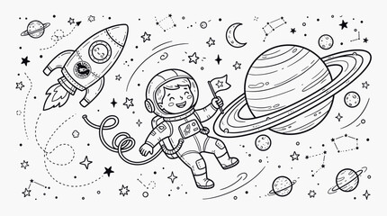 Astronaut space coloring page vector with rocket planet and stars line art © MdSadekul