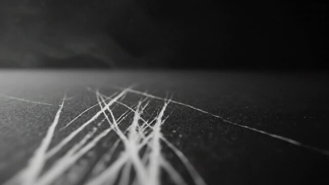 Abstract monochrome shot of white streaks and lines on dark textured surface with shallow depth of field