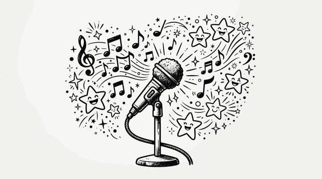 Microphone doodle vector illustration with music notes and stars on white background