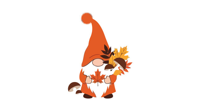 Autumn gnome holding orange maple leaves and brown forest mushrooms in a minimalist flat vector graphic illustration for seasonal decoration
