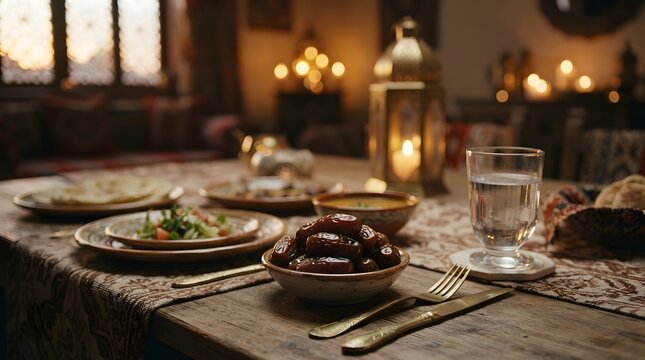 Iftar dining table with dates and traditional meal settings ramadan food fast breaking dinner table lantern lighting evening meal religious tradition middle eastern food ramadan kareem