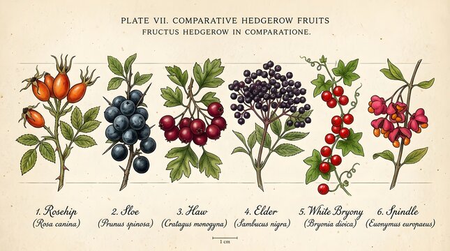 Comparative hedgerow fruits botanical chart featuring rosehip sloe haw elder bryony and spindle.