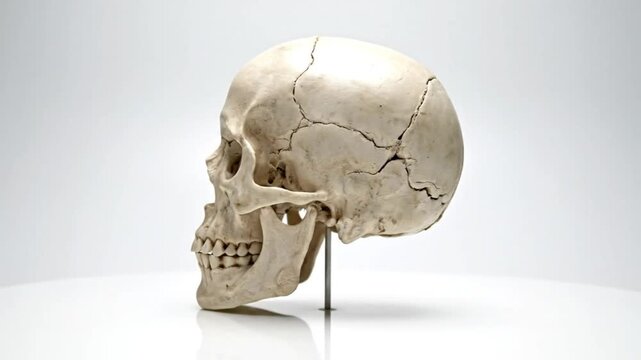Rotating Human Skull on White Background, Showing Anatomical Structure and Bone Details for Medical and Science Education