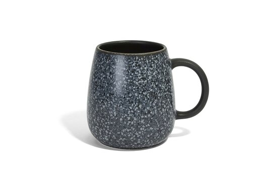 Speckled gray ceramic coffee mug with black handle, isolated on white